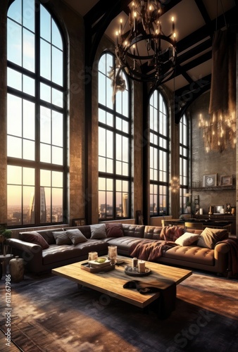 Wide Angle View of a Sophisticated Loft Living Room Showcasing Big Windows and Contemporary Urban Design. © aboutmomentsimages