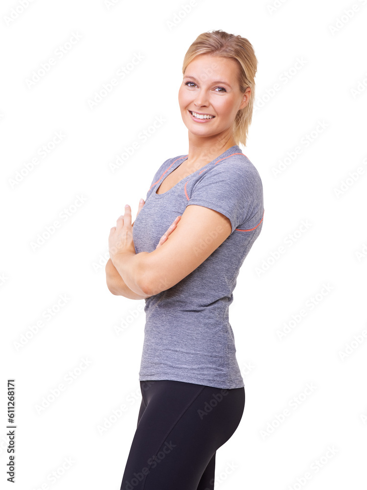 Fitness, happy woman and arms crossed with portrait isolated on transparent background for exercise, workout and active. Smile, confident and female person on png for exercising, wellness and health Fitness, happy woman and arms crossed with portrait isolated on transparent background for exercise, workout and active. Smile, confident and female person on png for exercising, wellness and health