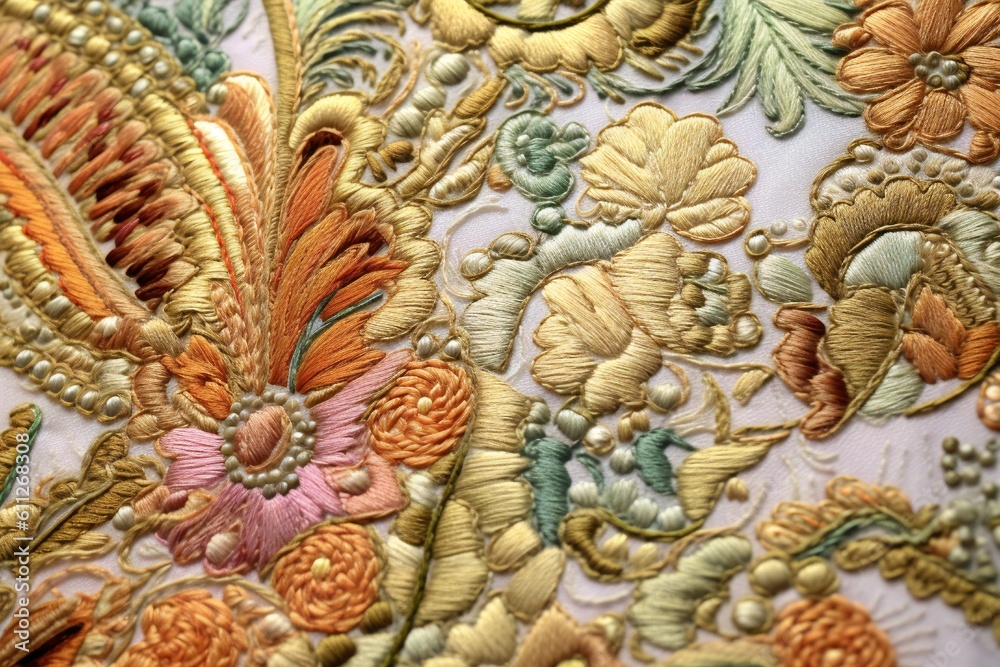 Stitched ornate floral embroidery background Generative AI Stitched ornate floral embroidery background Generative AI