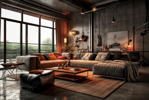 Details of a Luxurious Loft Living Room with Modern Furnishings and Open Floor Plan. © aboutmomentsimages