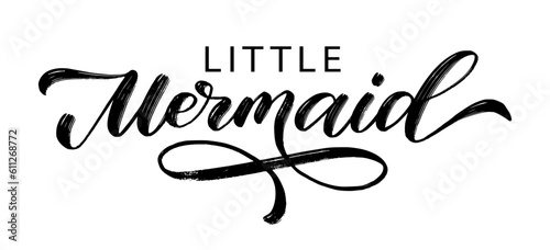 LITTLE MERMAID text logo. Little Mermaid word Vector illustration. Calligraphy text little mermaid quote. Cute Girl Graphic Design print for t shirt, tee, label, sticker, card. Summer beach theme