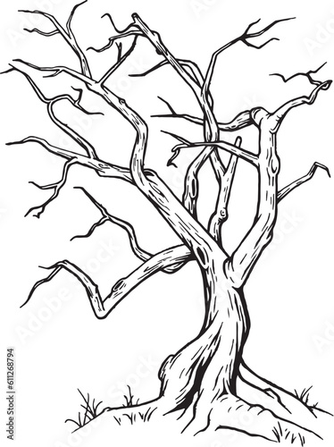 Dead scary vector tree illustration uncolored isolated on white