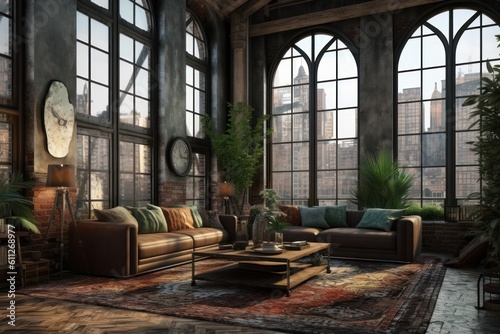 Close Up of an Elegant Couch in a Spacious Loft Living Room with Industrial Accents