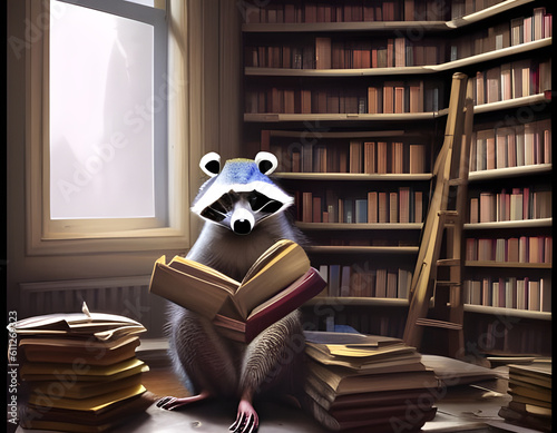 Cute raccoon reading a book in a library. Concept of a scolar and study. Amazing Digital illustration. CG Artwork Background photo