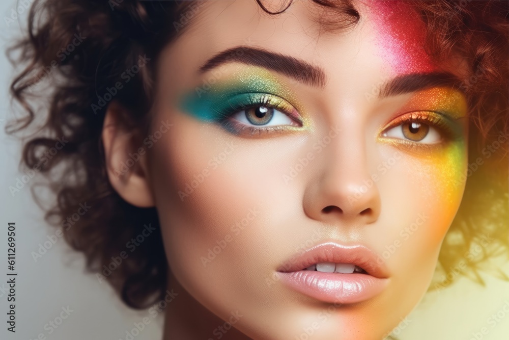 young woman with LGBTQ flag makeup. AI Generative