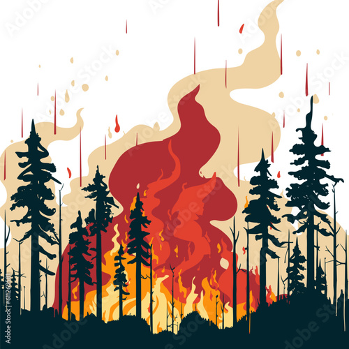Wildfire in forest. Trees about to burn. Hand drawn vector illustration.