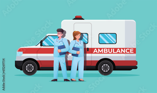 Doctors with Emergency ambulance car medical concept vector illustration