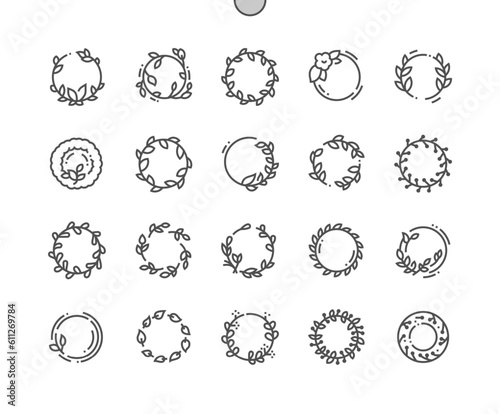 Wreath circle. Floral wreath, beautiful wedding decor. Christmas wreath. Pixel Perfect Vector Thin Line Icons. Simple Minimal Pictogram