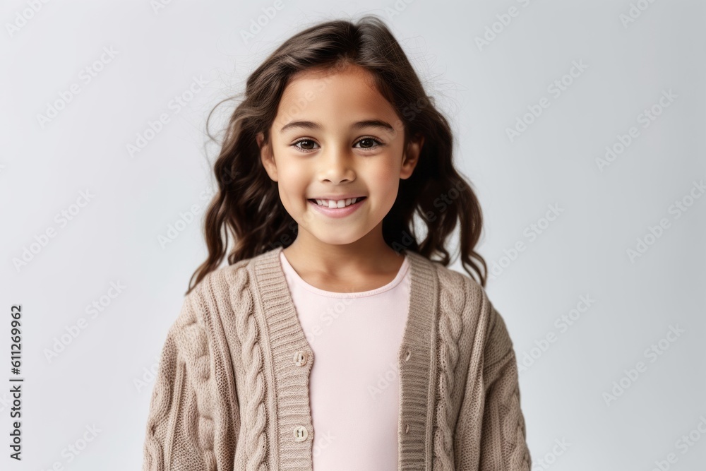Lifestyle portrait photography of a glad kid female wearing a chic cardigan against a white background. With generative AI technology Lifestyle portrait photography of a glad kid female wearing a chic cardigan against a white background. With generative AI technology