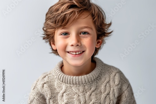 Close-up portrait photography of a grinning kid male wearing a cozy sweater against a white background. With generative AI technology