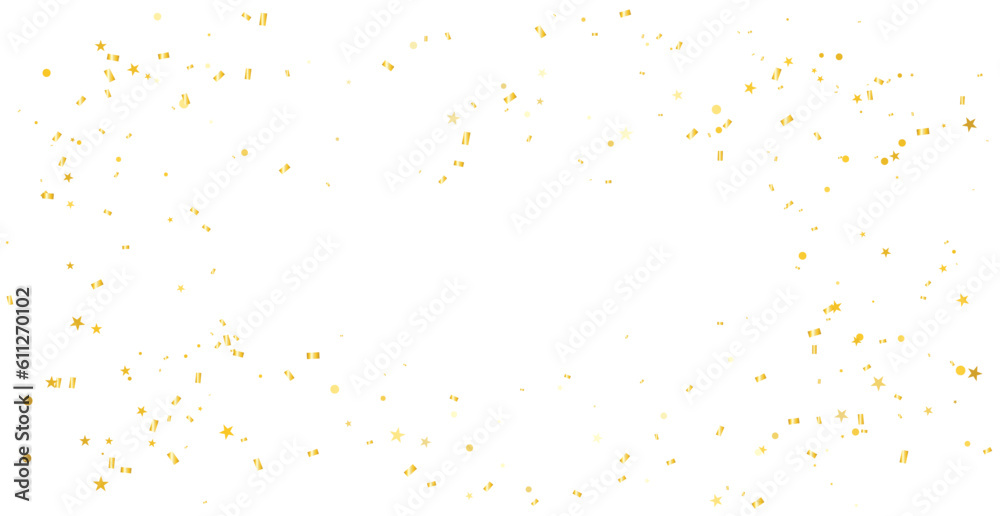 Golden Tiny Star Confetti And Streamer Ribbon Falling On Transparent Background. Vector