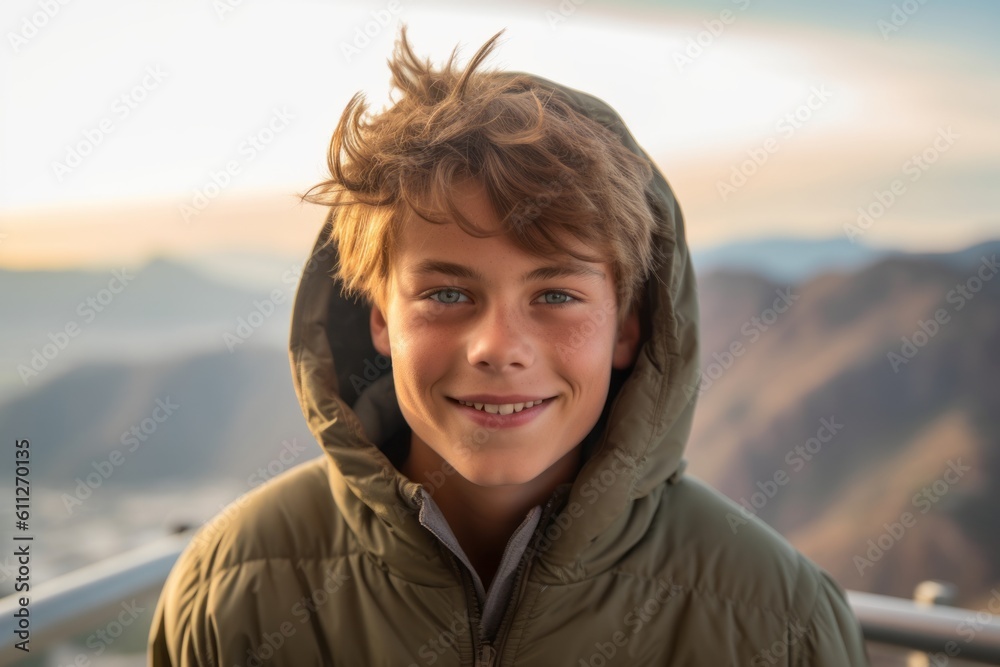 Close-up portrait photography of a joyful boy in his 30s wearing a cozy zip-up hoodie against a mountain range background. With generative AI technology Close-up portrait photography of a joyful boy in his 30s wearing a cozy zip-up hoodie against a mountain range background. With generative AI technology