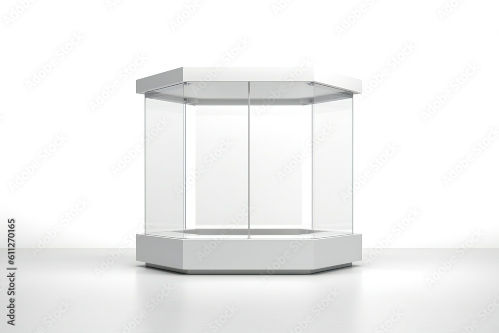 Empty white goods and services glass expo trade show booth for product display Generative AI Empty white goods and services glass expo trade show booth for product display Generative AI