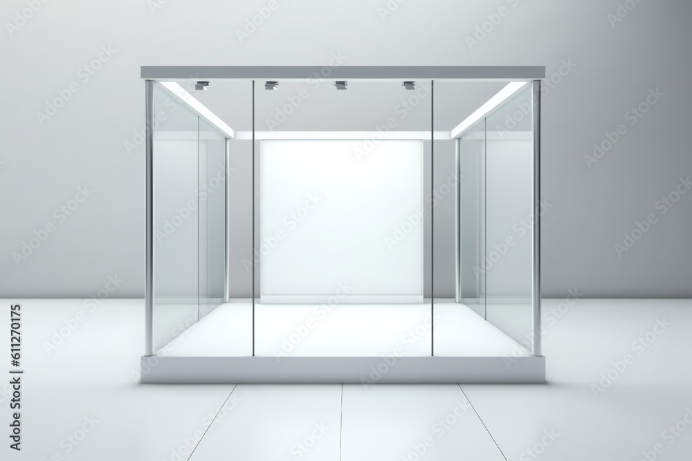 Empty white goods and services glass expo trade show booth for product display Generative AI Empty white goods and services glass expo trade show booth for product display Generative AI