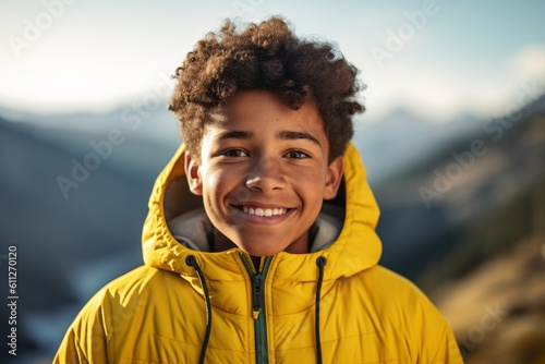 Close-up portrait photography of a joyful boy in his 30s wearing a cozy zip-up hoodie against a mountain range background. With generative AI technology