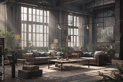 Detail of Loft Living Room with Industrial Chic Design. © aboutmomentsimages
