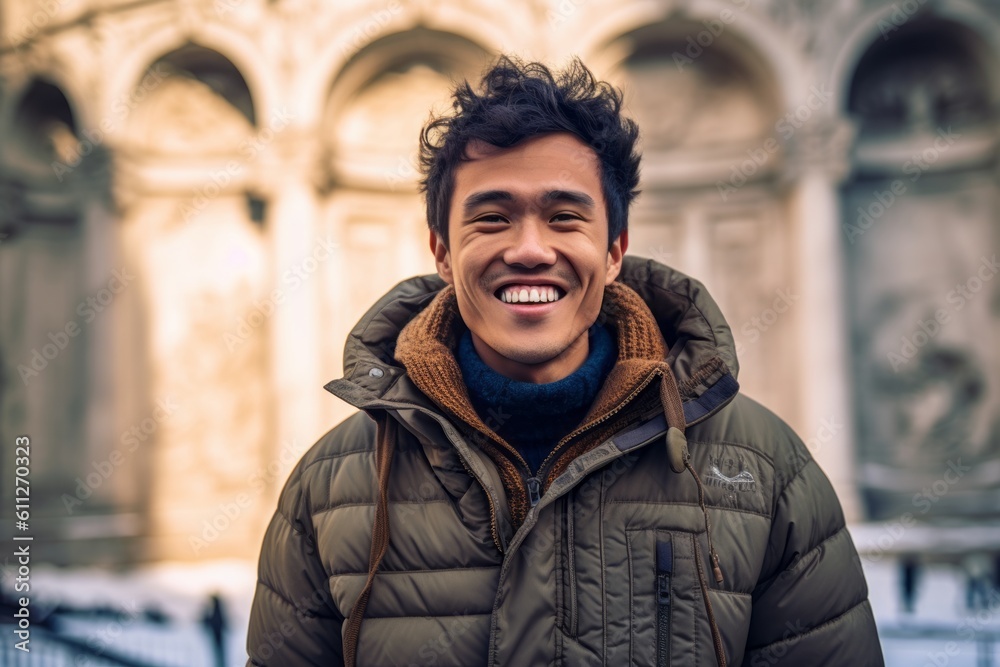 Environmental portrait photography of a happy boy in his 30s wearing a warm parka against a historical monument background. With generative AI technology Environmental portrait photography of a happy boy in his 30s wearing a warm parka against a historical monument background. With generative AI technology