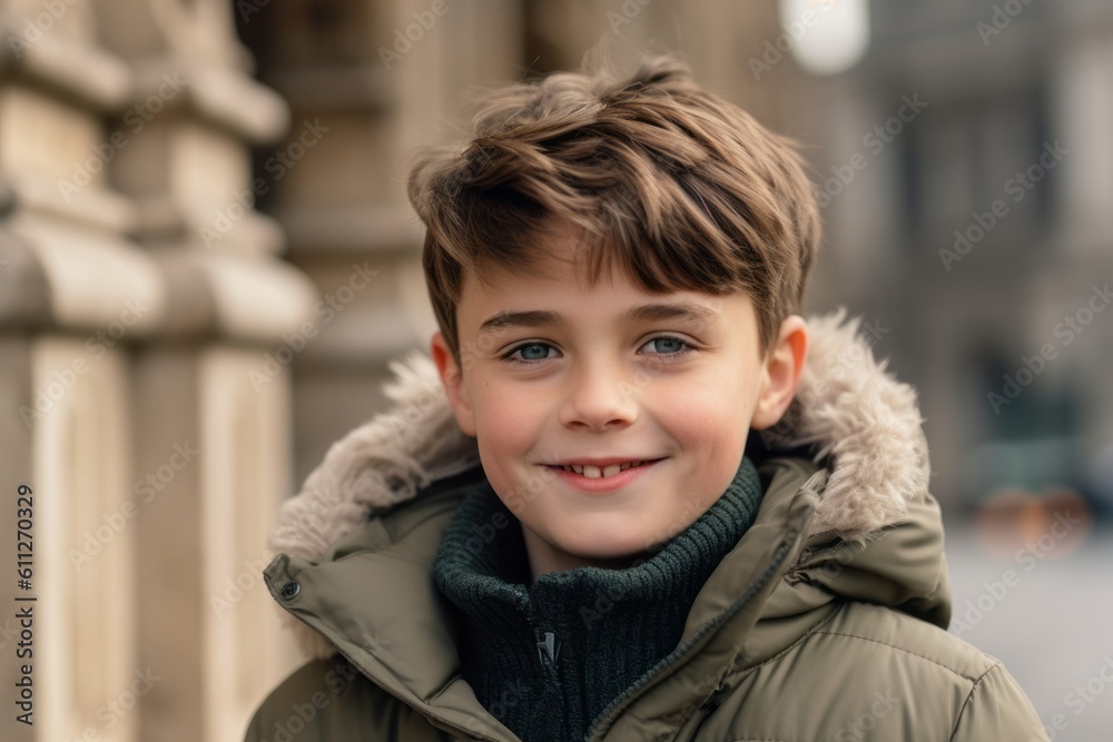 Close-up portrait photography of a happy boy in his 30s wearing a cozy winter coat against a historical monument background. With generative AI technology Close-up portrait photography of a happy boy in his 30s wearing a cozy winter coat against a historical monument background. With generative AI technology