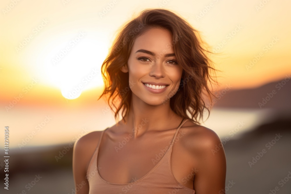 Studio portrait photography of a happy girl in her 30s wearing a stylish tank top against a vibrant sunset background. With generative AI technology Studio portrait photography of a happy girl in her 30s wearing a stylish tank top against a vibrant sunset background. With generative AI technology
