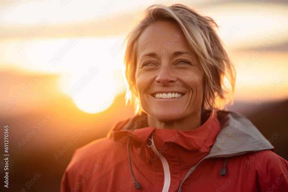 Medium shot portrait photography of a grinning mature girl wearing a lightweight windbreaker against a vibrant sunset background. With generative AI technology Medium shot portrait photography of a grinning mature girl wearing a lightweight windbreaker against a vibrant sunset background. With generative AI technology