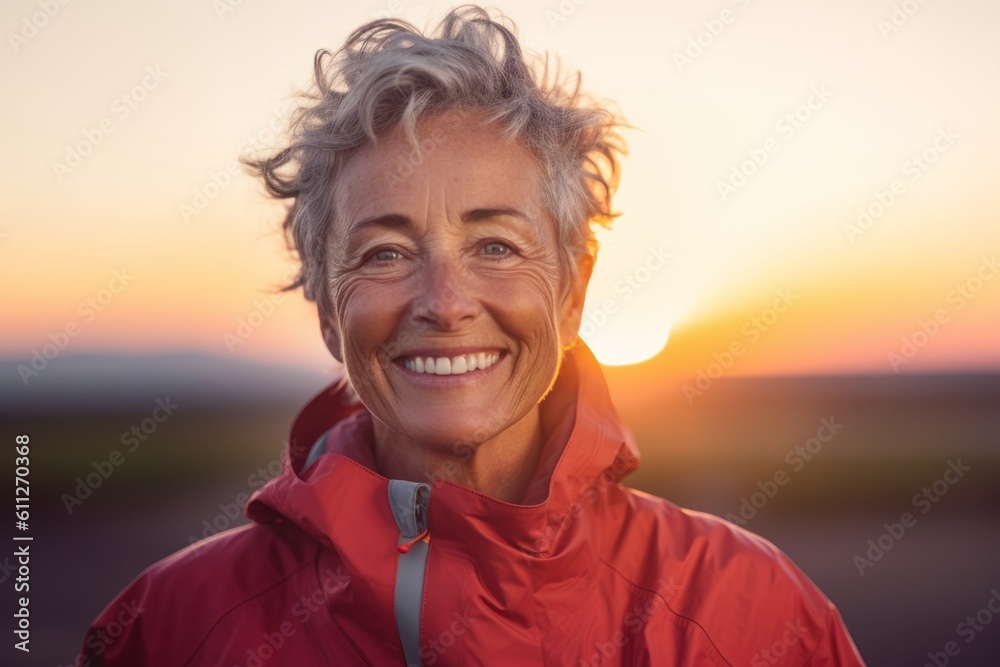 Medium shot portrait photography of a grinning mature girl wearing a lightweight windbreaker against a vibrant sunset background. With generative AI technology Medium shot portrait photography of a grinning mature girl wearing a lightweight windbreaker against a vibrant sunset background. With generative AI technology