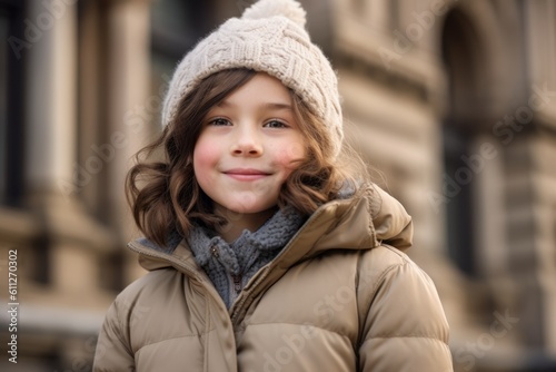 Medium shot portrait photography of a happy kid female wearing a cozy winter coat against a historical monument background. With generative AI technology © Markus Schröder