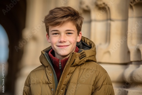 Environmental portrait photography of a happy boy in his 30s wearing a warm parka against a historical monument background. With generative AI technology © Markus Schröder