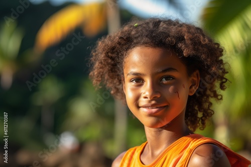 Close-up portrait photography of a tender kid female wearing a sporty polo shirt against a tropical island background. With generative AI technology