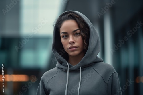 Close-up portrait photography of a satisfied girl in her 30s wearing a stylish hoodie against a modern architecture background. With generative AI technology