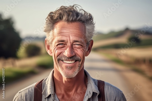 Headshot portrait photography of a satisfied mature man wearing a casual short-sleeve shirt against a winding country road background. With generative AI technology