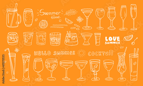Big set with acoholic and non-acoholic cocktails with ice cubes, mint, fruits and text. Great for banners, bar menu design, packaging. Vector illustration Doodle style. Isolated on orange backgrroud
