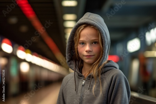 Medium shot portrait photography of a glad kid female wearing a comfortable hoodie against a train station background. With generative AI technology