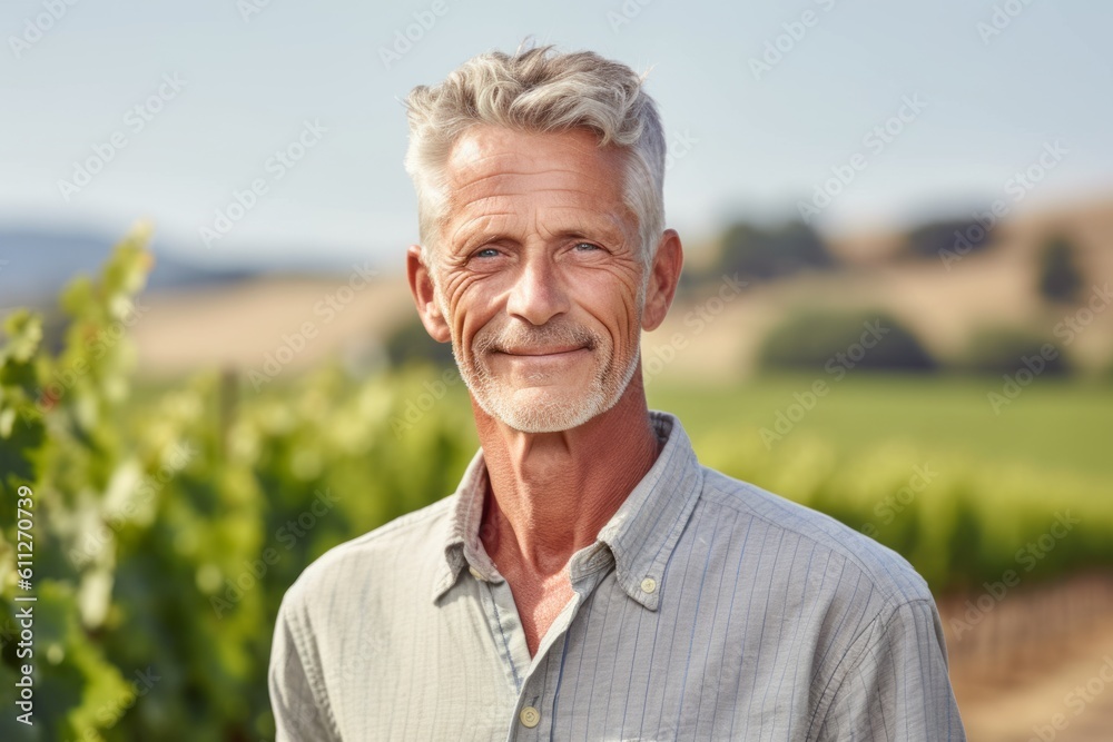 Close-up portrait photography of a glad mature man wearing a casual short-sleeve shirt against a vineyard background. With generative AI technology Close-up portrait photography of a glad mature man wearing a casual short-sleeve shirt against a vineyard background. With generative AI technology