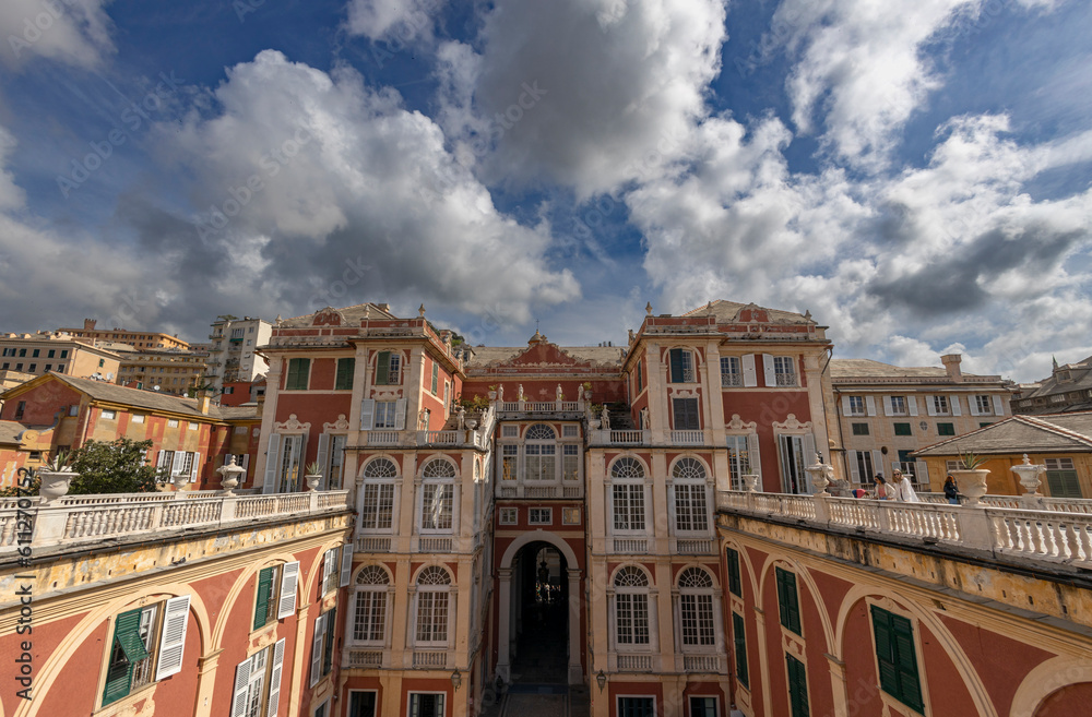 GENOA, ITALY, APRIL 28. 2023 - View of the facade from the terrace of the Royal Palace in Genoa, Italy