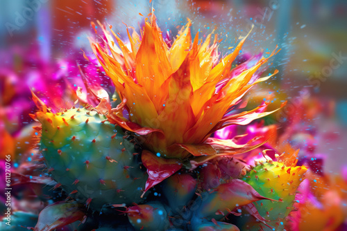 An abstract surreal photograph of a Cacti containing mescaline (e.g., Echinopsis lageniformis) splashed in bright paint, Generative AI technology.