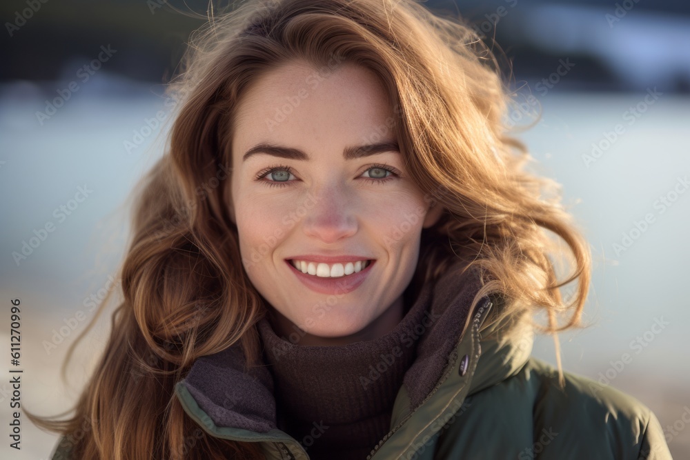 Close-up portrait photography of a grinning girl in her 30s wearing a cozy winter coat against a tranquil lake background. With generative AI technology Close-up portrait photography of a grinning girl in her 30s wearing a cozy winter coat against a tranquil lake background. With generative AI technology