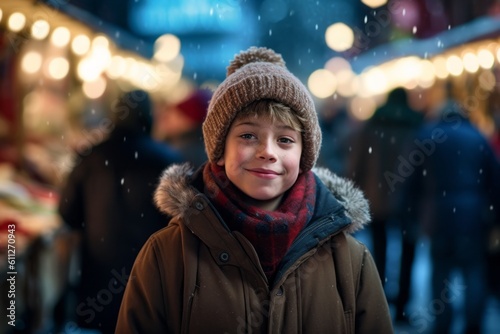 Environmental portrait photography of a happy boy in his 30s wearing a cozy winter coat against a bustling marketplace background. With generative AI technology