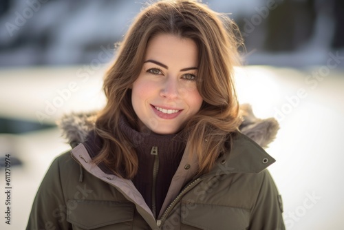 Close-up portrait photography of a grinning girl in her 30s wearing a cozy winter coat against a tranquil lake background. With generative AI technology © Markus Schröder
