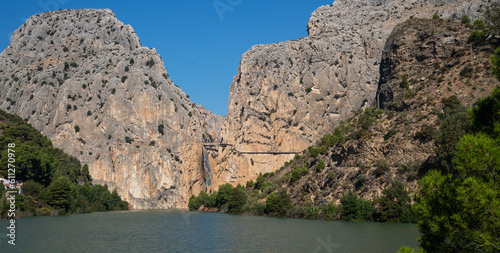 Royal Trail (El Caminito del Rey) in gorge Chorro, Malaga province, Spain. The famous walkway along the steep walls of a narrow gorge in El Chorro.