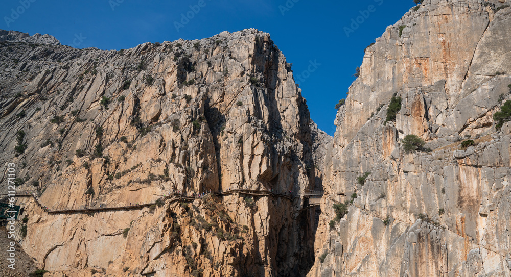 The King's Little Path. The famous walkway along the steep walls of a narrow gorge in El Chorro. Malaga province, Spain.