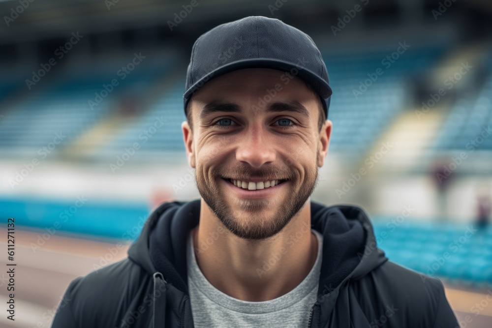 Φωτογραφία Close-up portrait photography of a satisfied boy in his 30s wearing a cool cap or hat against a sports stadium background