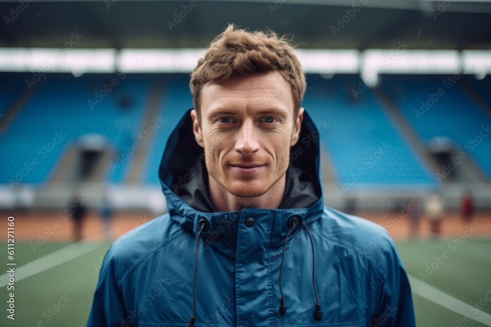 Close-up portrait photography of a glad boy in his 30s wearing a lightweight windbreaker against a sports stadium background. With generative AI technology Close-up portrait photography of a glad boy in his 30s wearing a lightweight windbreaker against a sports stadium background. With generative AI technology