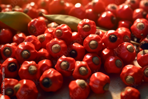 An artistic photo featuring Szechuan peppercorns, known for their reddish-brown appearance and numbing, citrusy taste.  Generative AI technology. photo