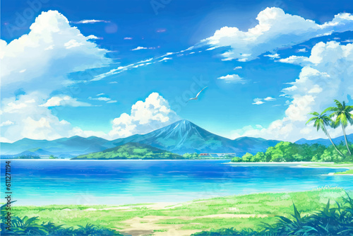 Tropical summer hawaii landscape in japanese anime style