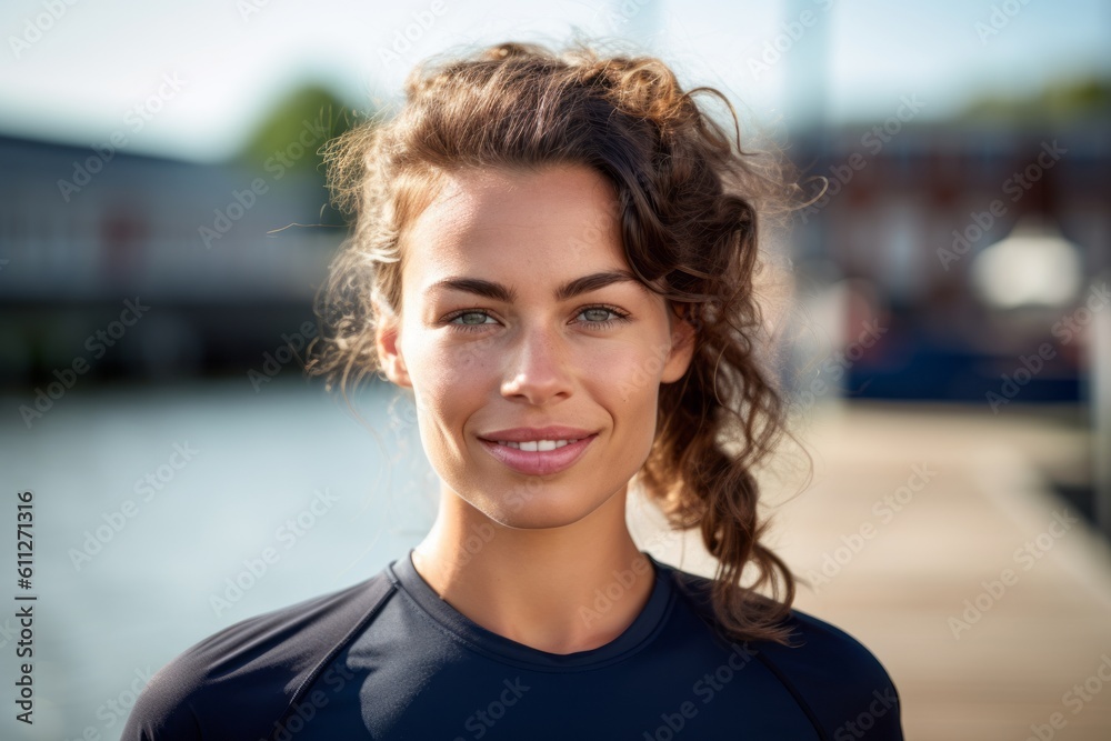 Close-up portrait photography of a satisfied girl in her 30s wearing a sporty polo shirt against a riverfront background. With generative AI technology Close-up portrait photography of a satisfied girl in her 30s wearing a sporty polo shirt against a riverfront background. With generative AI technology
