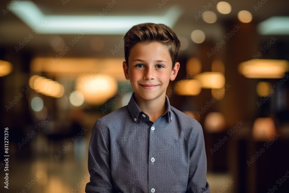 Medium shot portrait photography of a grinning boy in his 30s wearing a sophisticated blouse against a swanky hotel lobby background. With generative AI technology Medium shot portrait photography of a grinning boy in his 30s wearing a sophisticated blouse against a swanky hotel lobby background. With generative AI technology