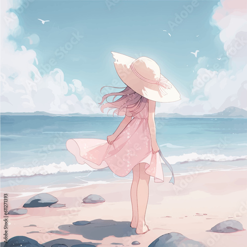 Cute anime style girl relaxing on the beach. Generated AI