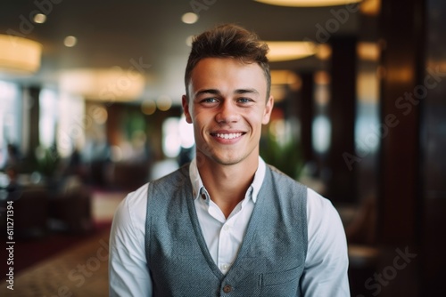Medium shot portrait photography of a grinning boy in his 30s wearing a sophisticated blouse against a swanky hotel lobby background. With generative AI technology