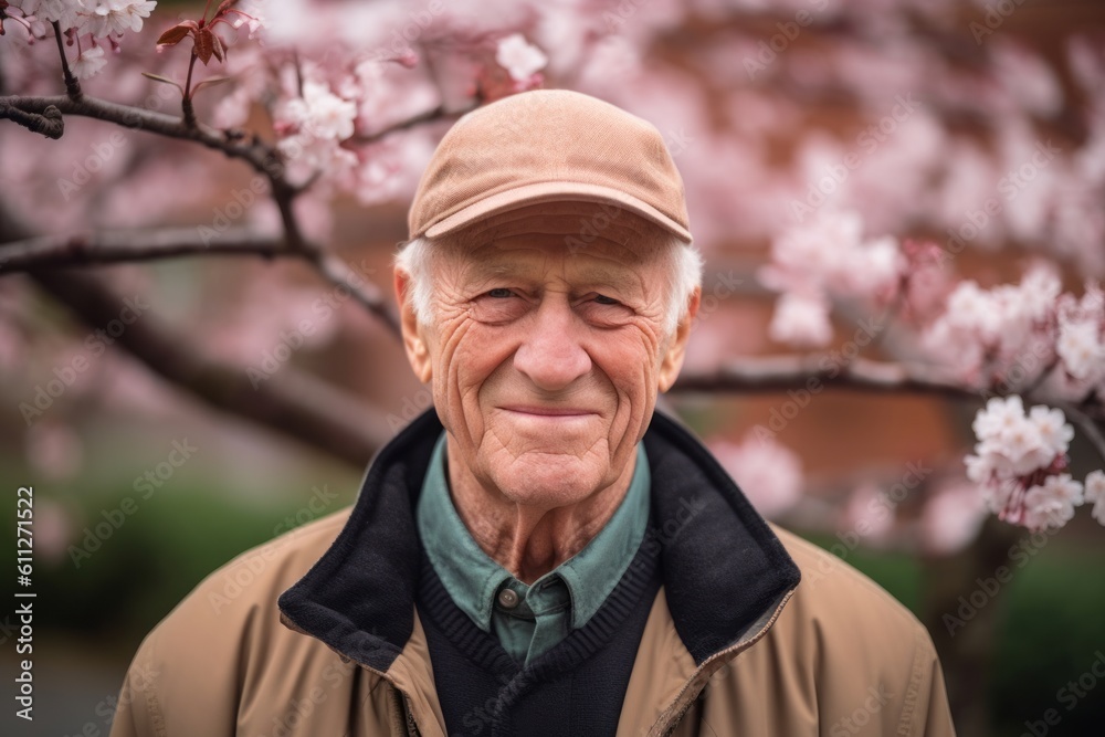 Headshot portrait photography of a happy old man wearing a cozy winter coat against a cherry blossom background. With generative AI technology