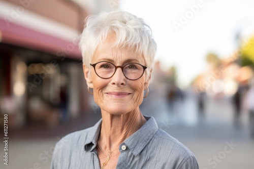 Close-up portrait photography of a glad mature woman wearing a classy button-up shirt against a small town main street background. With generative AI technology © Markus Schröder